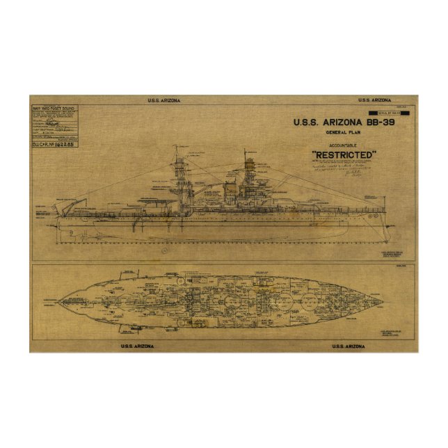 U.S.S. ARIZONA Battleship Blueprint 1934 Acrylic Print (Front)