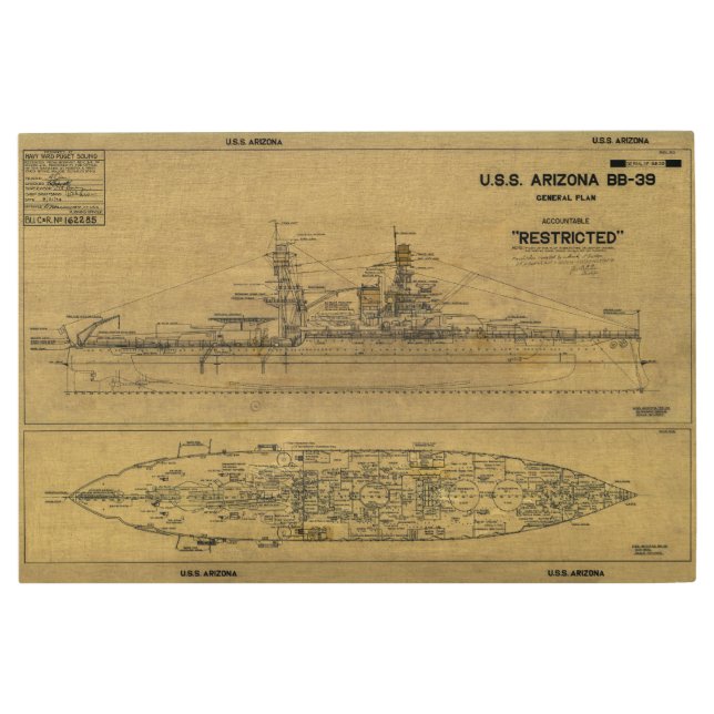 U.S.S. ARIZONA Battleship Blueprint 1934 Metal Print (Front)