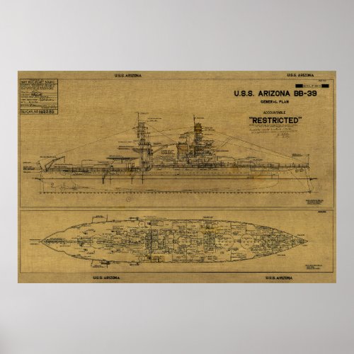 USS ARIZONA Battleship Blueprint 1934  Poster