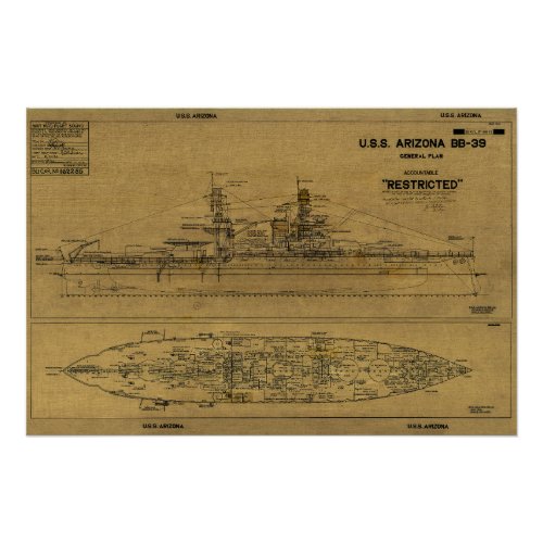 USS ARIZONA Battleship Blueprint 1934 Poster