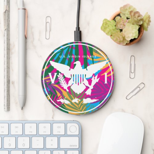 US Virgin Islands Flag Colorful Tropical Leaves Wireless Charger