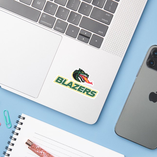 UAB Blazers Dragon and "BLAZERS" Logo Sticker (Laptop w/ iPhone)
