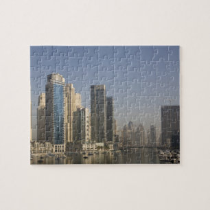 UAE, Dubai. Marina towers with boats at anchor. Jigsaw Puzzle