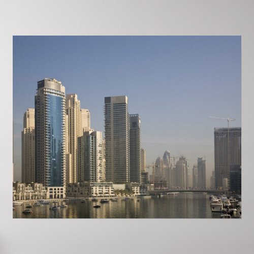 UAE Dubai Marina towers with boats at anchor Poster