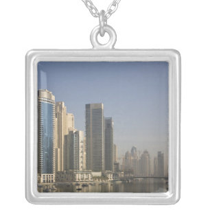 UAE, Dubai. Marina towers with boats at anchor. Silver Plated Necklace