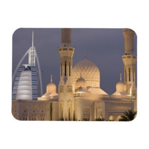 UAE, Dubai. Mosque in evening with Burj al Arab Magnet