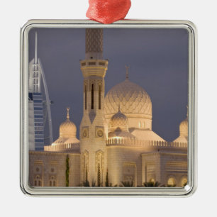 UAE, Dubai. Mosque in evening with Burj al Arab Metal Ornament