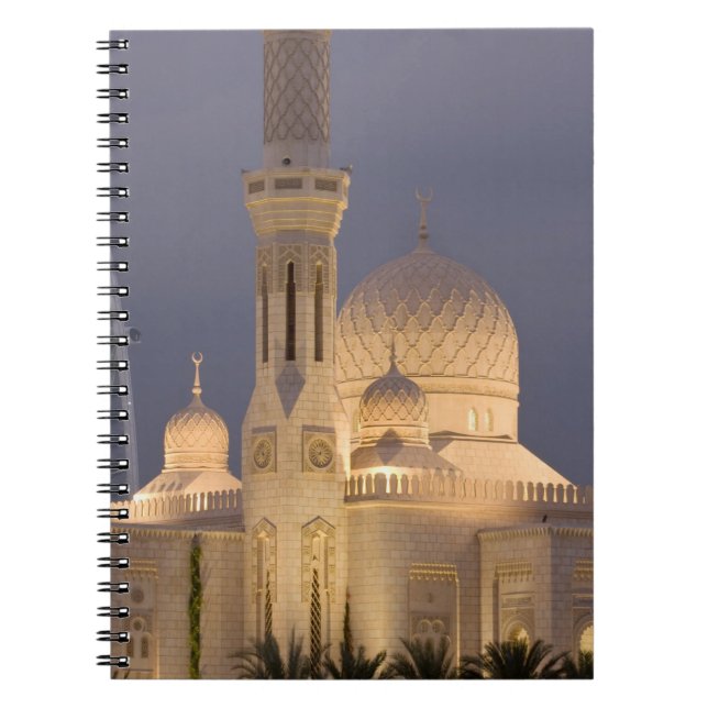 UAE, Dubai. Mosque in evening with Burj al Arab Notebook (Front)