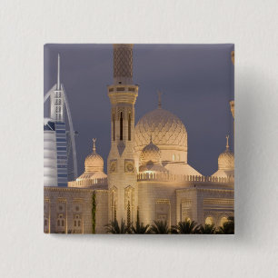 UAE, Dubai. Mosque in evening with Burj al Arab Pinback Button