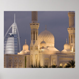 UAE, Dubai. Mosque in evening with Burj al Arab Poster