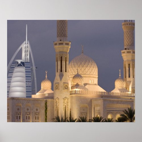 UAE Dubai Mosque in evening with Burj al Arab Poster