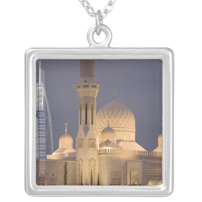 UAE, Dubai. Mosque in evening with Burj al Arab Silver Plated Necklace (Front)
