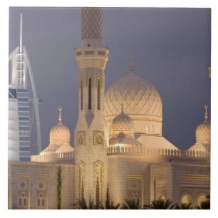 UAE, Dubai. Mosque in evening with Burj al Arab Tile