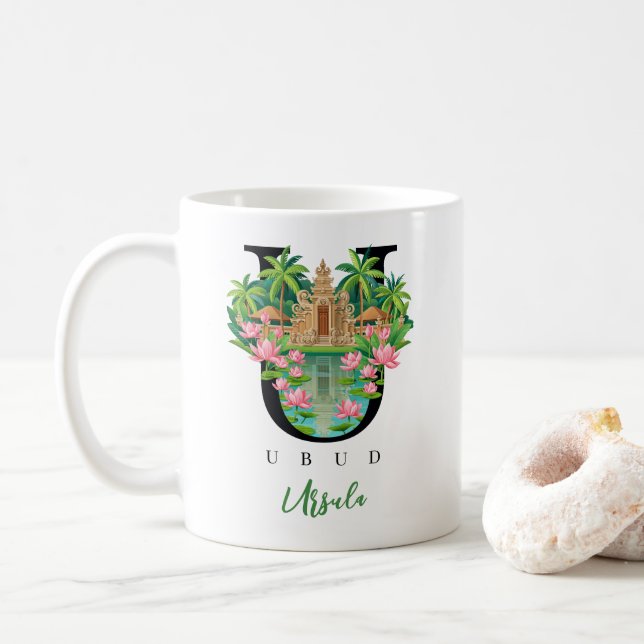 Ubud Bali Monogram Letter U Personalized Gift Coffee Mug (With Donut)