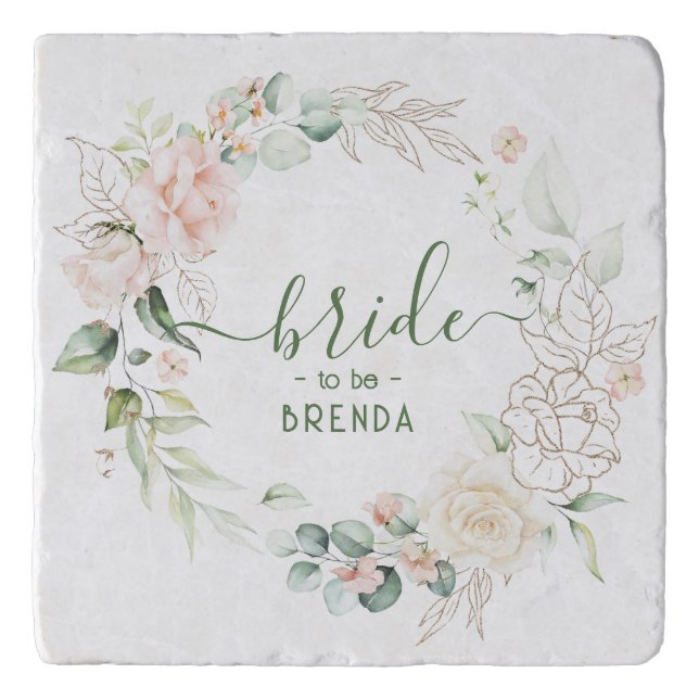 Ucoliptice leaves and pink roses wreath  trivet (Front)