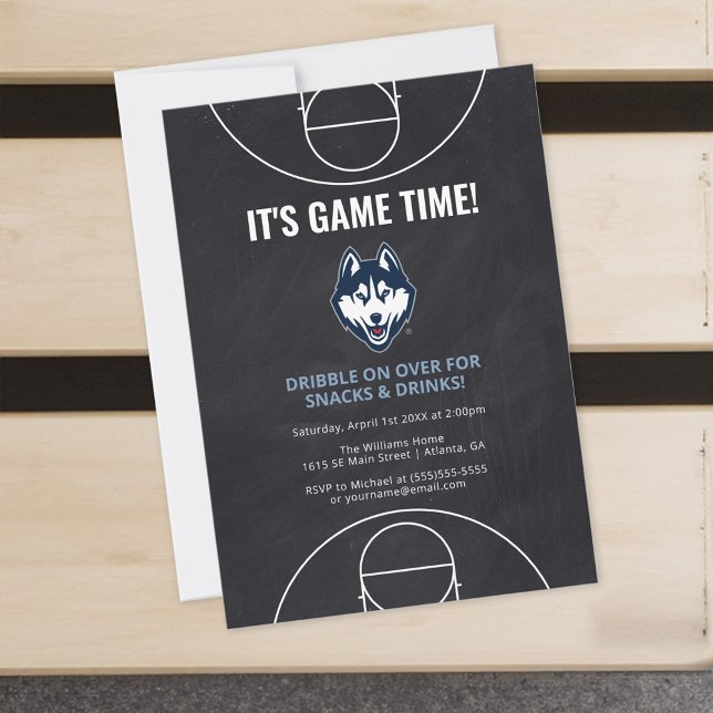 UConn Huskies Basketball Game Watch Party Invitation (Invitation on bench)