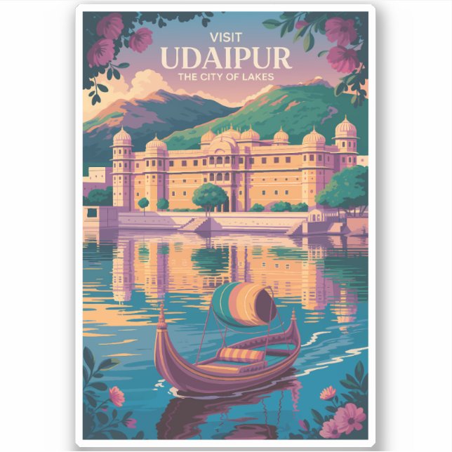 Udaipur India City Palace Illustration Travel Art Sticker (Front)