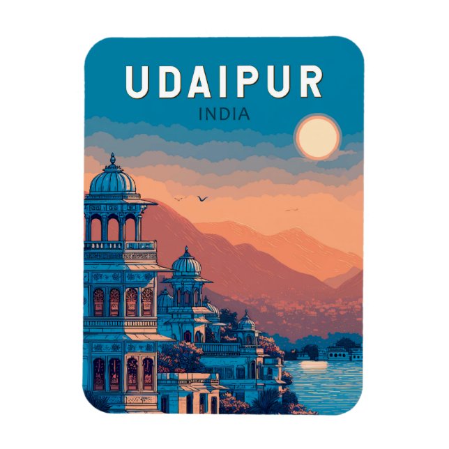 Udaipur India Illustration Travel Art Vintage Magnet (Vertical)