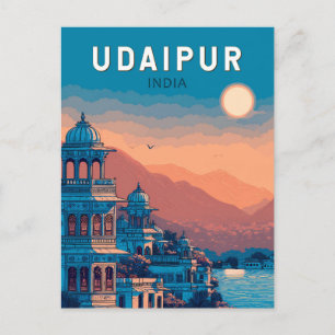 Udaipur India Illustration Travel Art Vintage Postcard