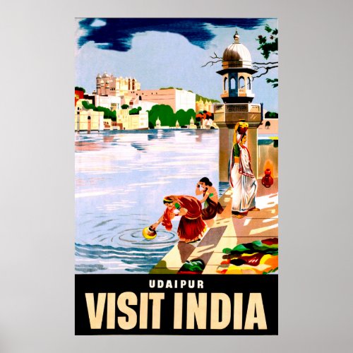 Udaipur India Women by the lake Vintage travel Poster