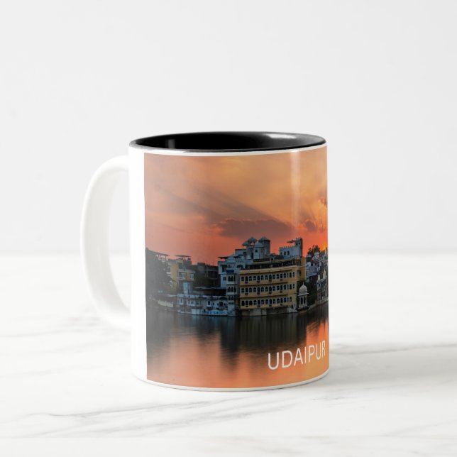 Udaipur sunset over Lake Pichola Two-Tone Coffee Mug (Front Left)