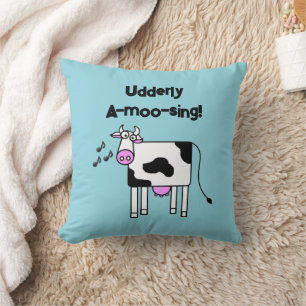 Udderly A-moo-sing Singing Cow Pun Cartoon Design Throw Pillow