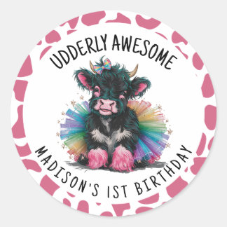 Udderly Awesome Tutu Highland Cow Print Classic Round Sticker