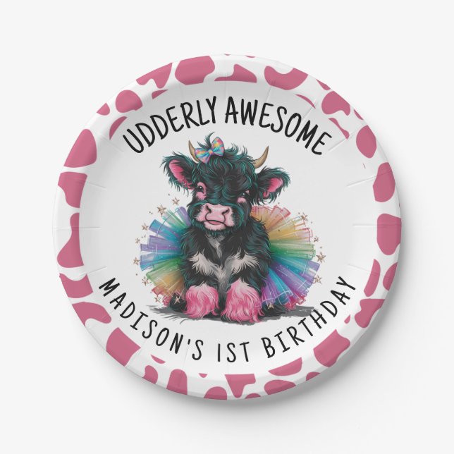 Udderly Awesome Tutu Highland Cow Print Paper Plates (Front)
