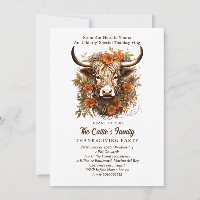 Udderly Special Thanksgiving Highland Cow Invitation (Front)