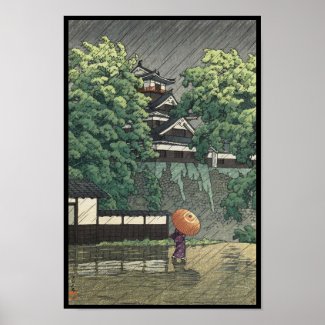 Udo Tower, Kumamoto Castle in rain Kawase Hasui Poster