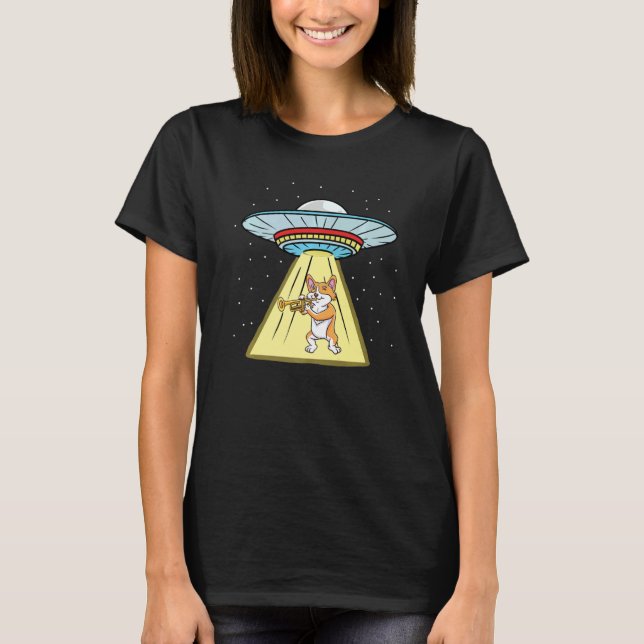 Ufo Abduction Corgi Musician Trumpet T-Shirt (Front)