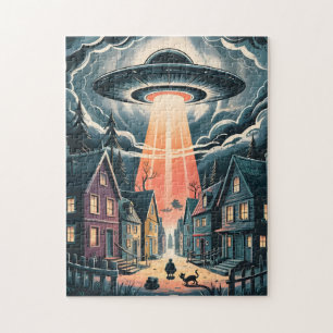 UFO Abduction Night Street Illustration Jigsaw Puzzle