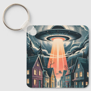 UFO Abduction Night Street Illustration Keychain
