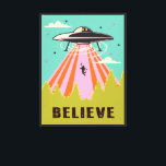 UFO Alien abduction retro mod pop art Canvas Print<br><div class="desc">Mod pop art inspired alien abduction with spaceship ufo in colors of teal,  orange,  pink,  lime green,  cream and black wall art. Great quirky look for any room if you believe!</div>