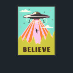 UFO Alien abduction retro mod pop art Canvas Print<br><div class="desc">Mod pop art inspired alien abduction with spaceship ufo in colors of teal,  orange,  pink,  lime green,  cream and black wall art. Great quirky look for any room if you believe!</div>