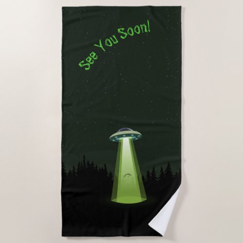 UFO alien fans saucer abduction dark green custom Beach Towel