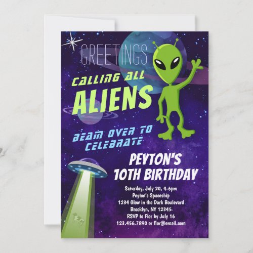 UFO Alien Party Birthday Invitation