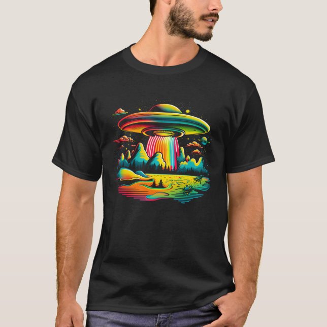 UFO Alien Retro Bright Mountain Lake Camping Visit T-Shirt (Front)