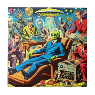 Ufo Alien Sci-fi Retro Comics Ceramic Tile