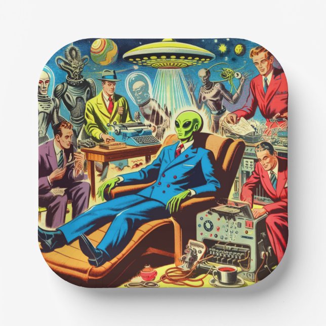 Ufo Alien Sci-fi Retro Comics Paper Plates (Front)