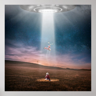 ufo alien spaceship and child encounter poster