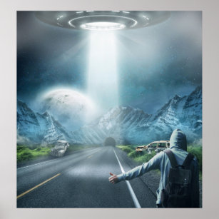 ufo alien spaceship and hitchhiker surreal fantasy poster