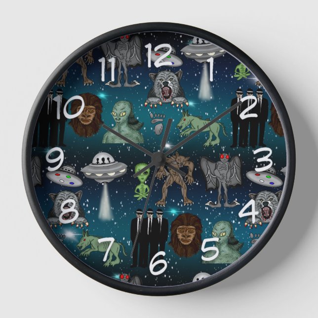 UFO Aliens Chupacabra Bigfoot Cryptids Clock (Front)