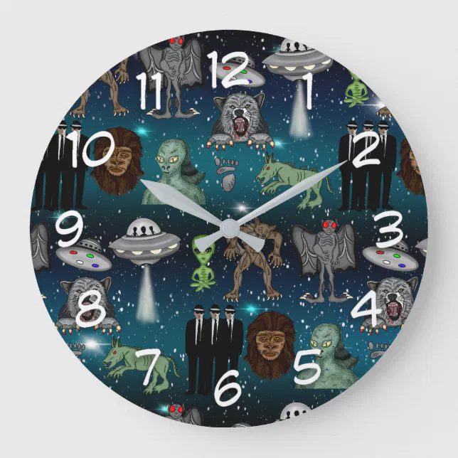 UFO Aliens Chupacabra Bigfoot Cryptids Large Clock | Zazzle