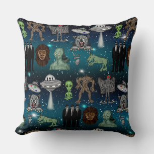 UFO Aliens Chupacabra Bigfoot Cryptids Throw Pillow