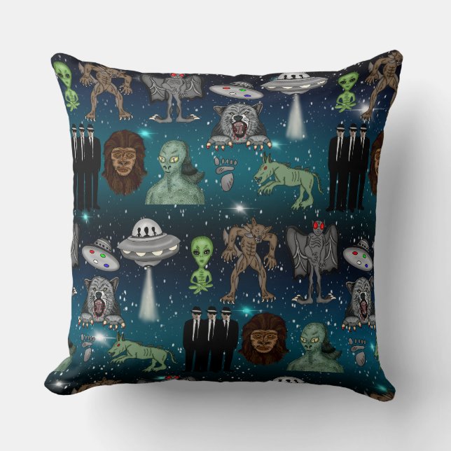 UFO Aliens Chupacabra Bigfoot Cryptids   Throw Pillow (Front)
