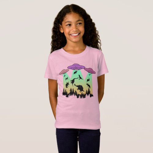 UFO Aliens Dinosaur Abduction and 3 Flying Sauce T_Shirt