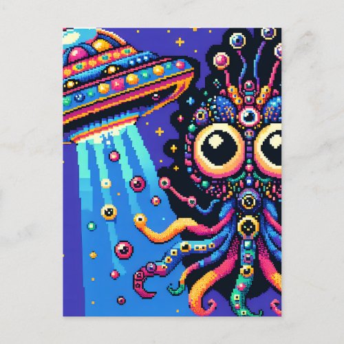 UFO and Alien Pixel Art Postcard