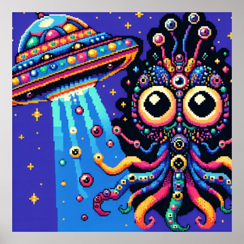 UFO and Alien Pixel Art Poster