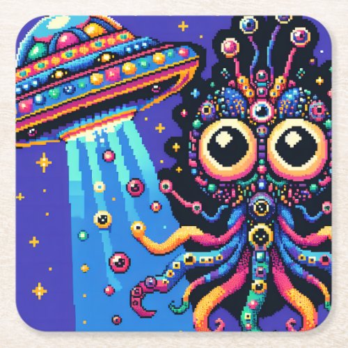 UFO and Alien Pixel Art Square Paper Coaster